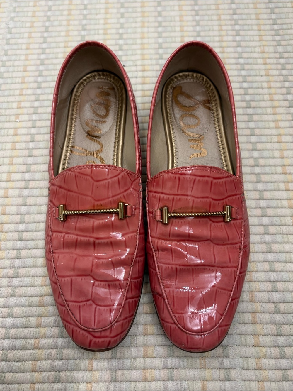 Sam Edelman Coral Red Croc-Embossed Slip-On Loafers with Gold Bar